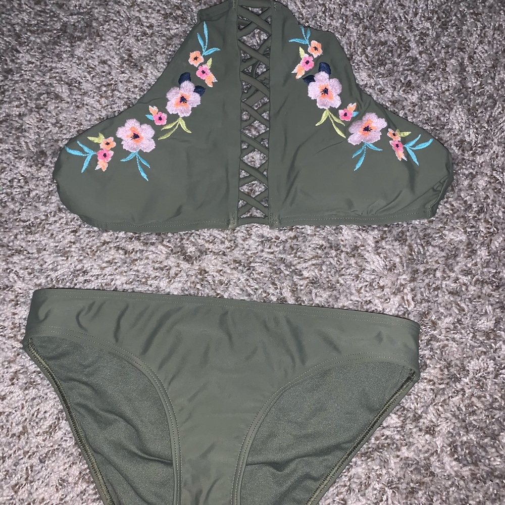 Hollister Swim olive green floral bikini